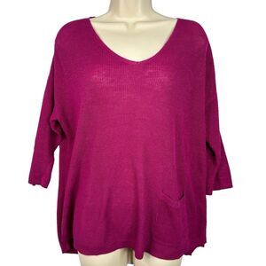 J.Jill Sweater Women MP Pink Linen Blend V-Neck 1/2 Sleeve Pocket Lightweight